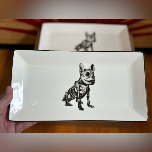 RARE Set of (2) Wicked Ciroa French Bulldog Porcelain Skeleton Platter Plates - Picture 3 of 4